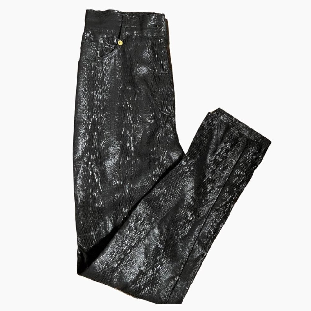 Genny || High Waisted Textured Black Snakeskin Trousers